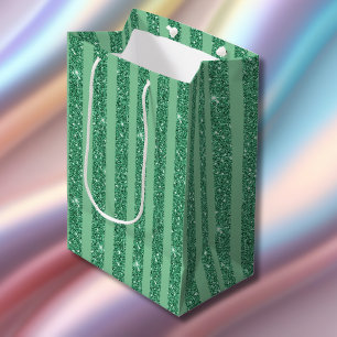 Classic Jade Green Glitter Style Vertical Stripes Medium Gift Bag