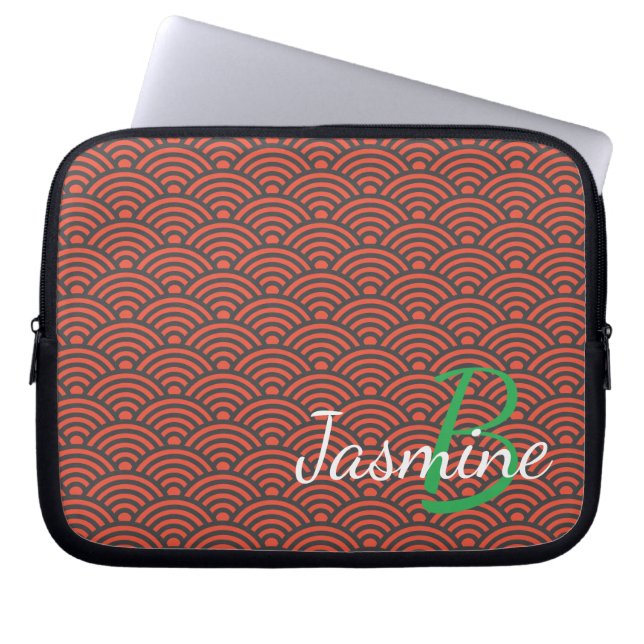 Classic Japanese Red Wave Deco and Monogram Laptop Sleeve (Front)