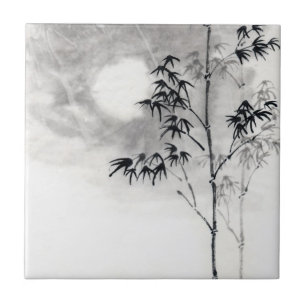 Classic  japanese sumi-e painting art bamboo moon tile