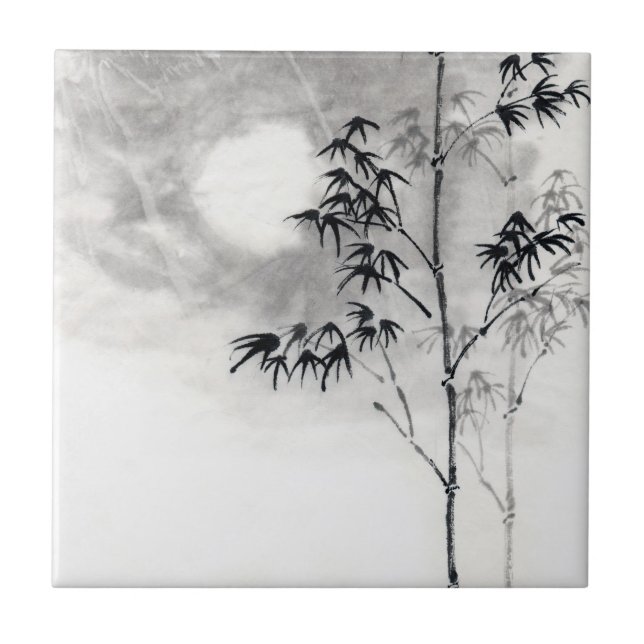 Classic  japanese sumi-e painting art bamboo moon tile (Front)
