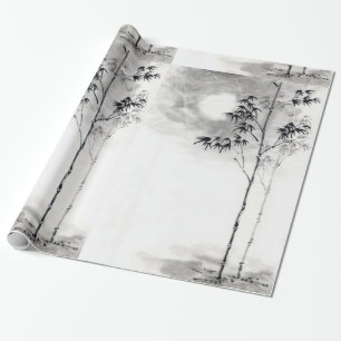 Classic  japanese sumi-e painting art bamboo moon wrapping paper