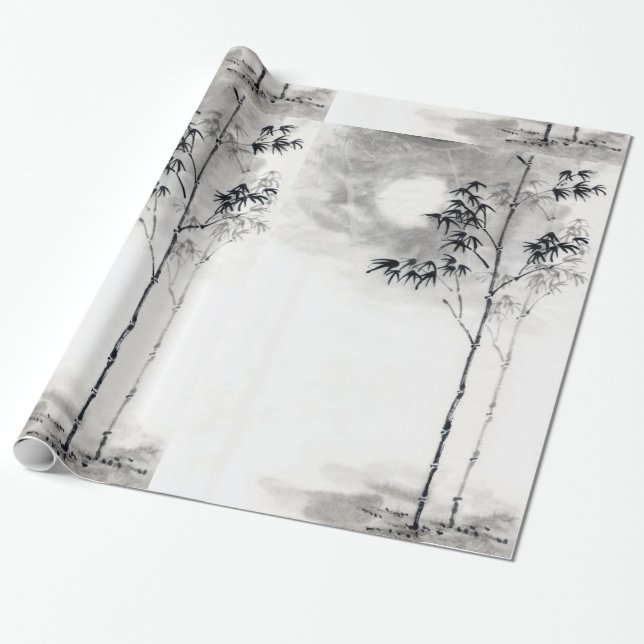 Classic  japanese sumi-e painting art bamboo moon wrapping paper (Unrolled)