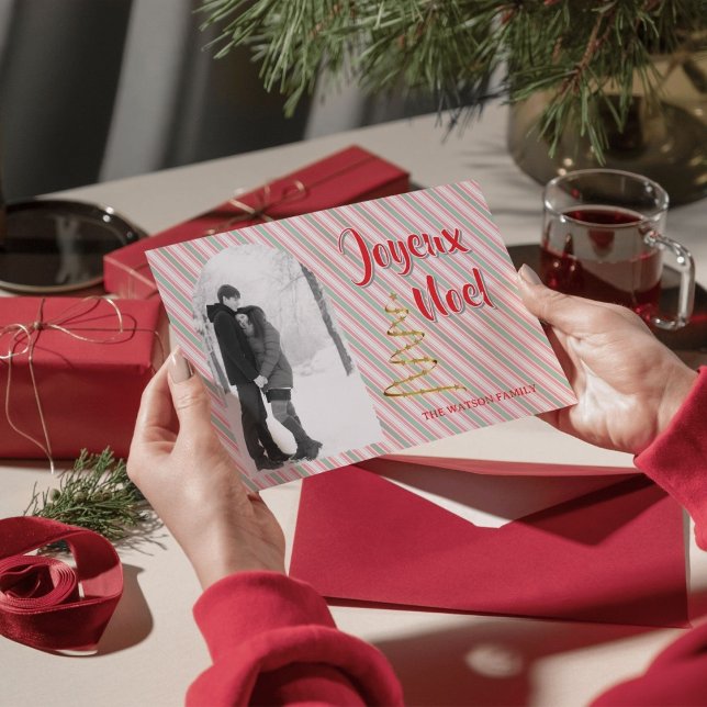 Classic Joyeux Noel Green Red Stripes Christmas Holiday Postcard (Personalize this Classic Christmas holiday postcard and send it to all your friends and loved ones!)
