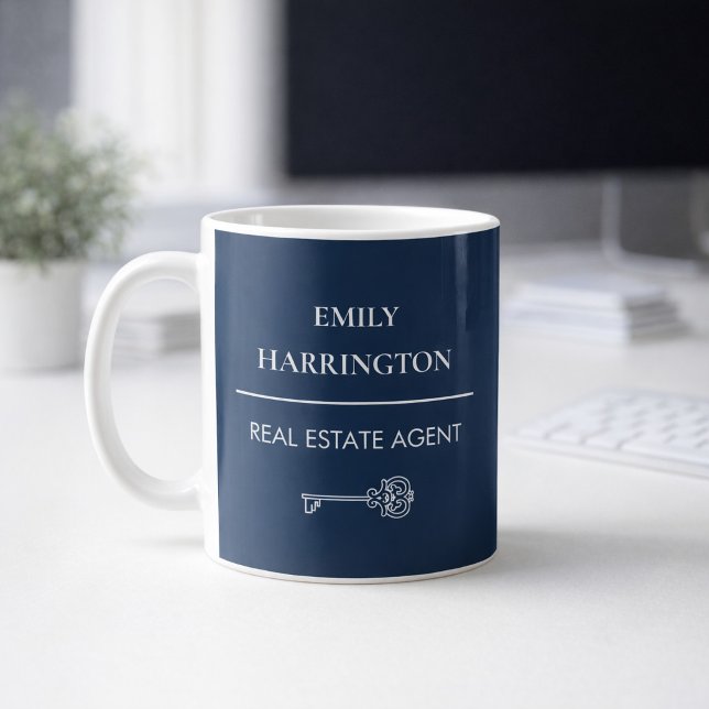 Classic Key Navy Real Estate Agent Coffee Mug (A mug on an office desk.)