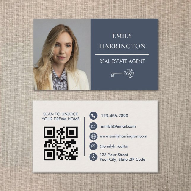 Classic Key QR Code Grey Real Estate Agent Business Card (Creator Uploaded)