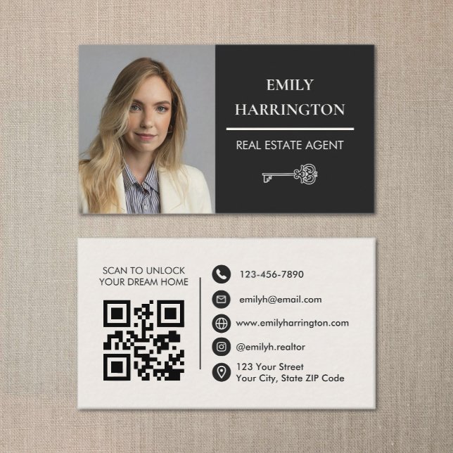 Classic Key QR Code Neutral Real Estate Agent Business Card (Creator Uploaded)