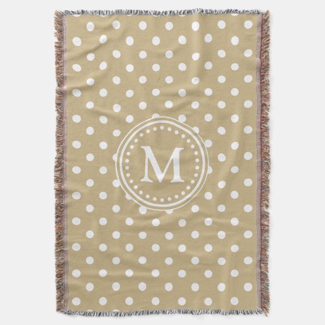 Classic Khaki and White Polka Dot Monogram Throw Blanket (Front Vertical)