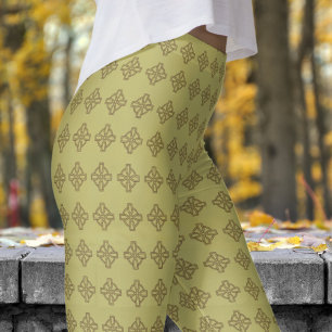 Classic Khaki Green Tribal Cross Pattern Leggings