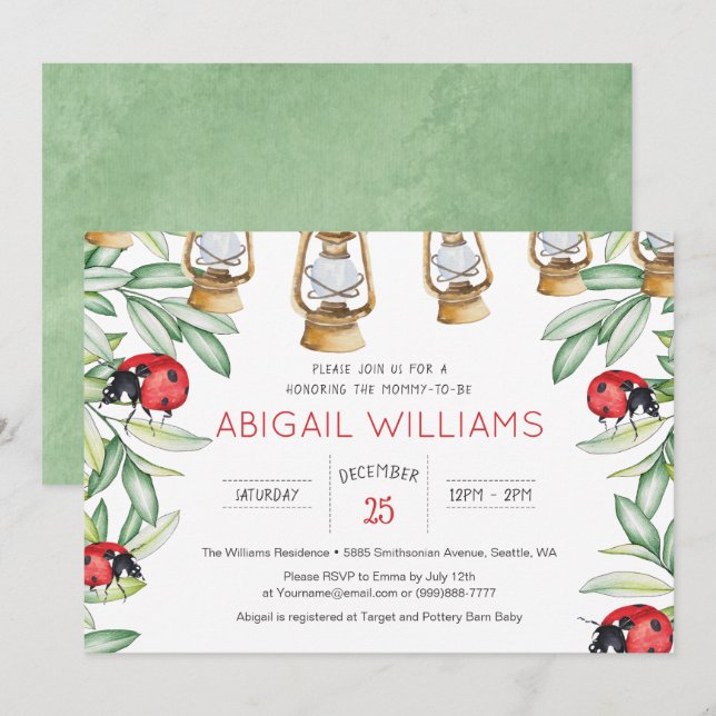 Classic Lady Bug Greenery Garden Baby Shower Invitation (Front/Back)