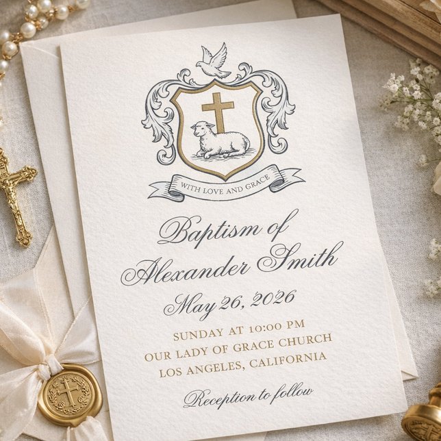 Classic Lamb of God Baptism Announcement (Baptism Invitation for Boy With Cross Lamb Crest and Elegant Script)