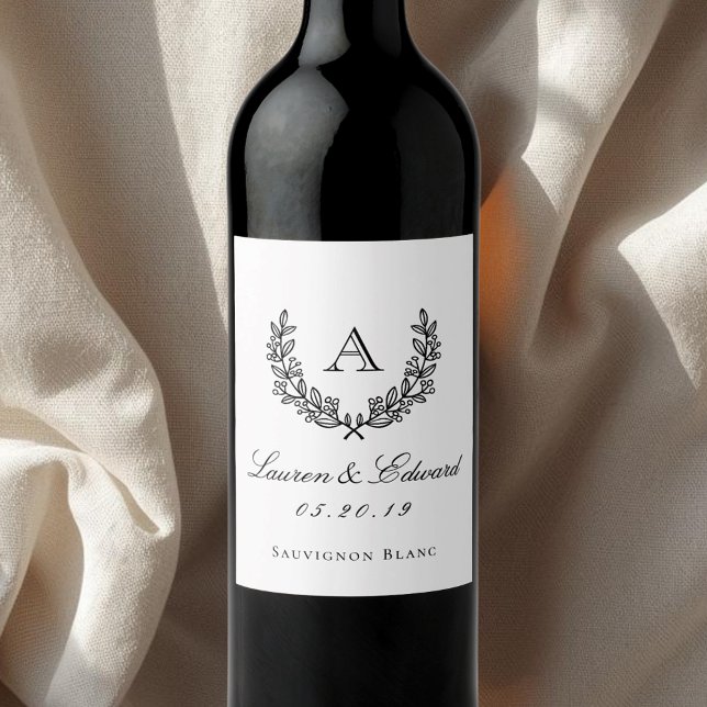 Classic Laurel Monogram Wedding Wine Bottle Labels (Creator Uploaded)