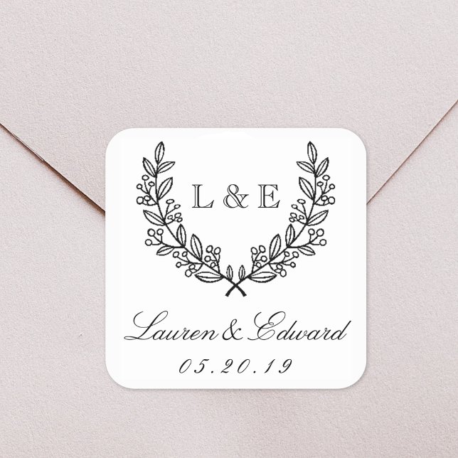 Classic Laurel Wedding Initial Monogram Square Sticker (Creator Uploaded)