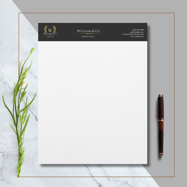 Classic Laurel Wreath Black Gold Monogram Custom Letterhead (Creator Uploaded)