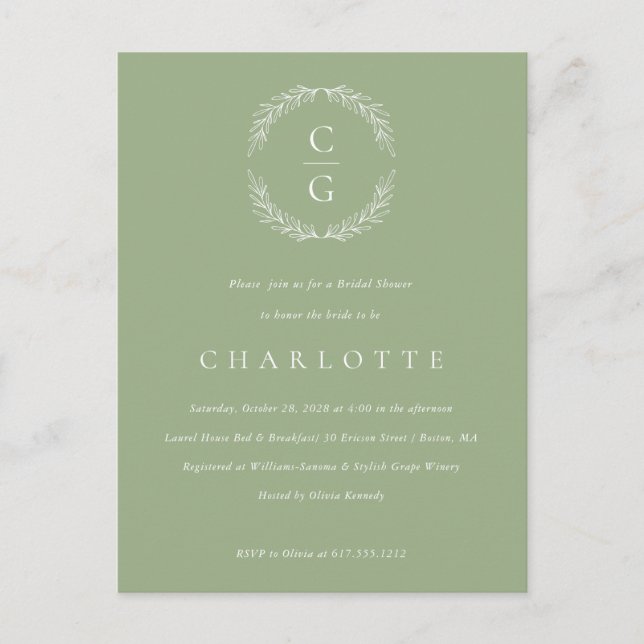 Classic Laurel Wreath Bridal Shower Invitation Postcard (Front)