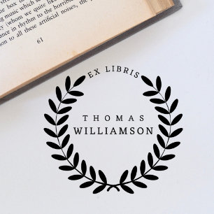 Classic Laurel Wreath Custom Name Ex Libris Book Rubber Stamp