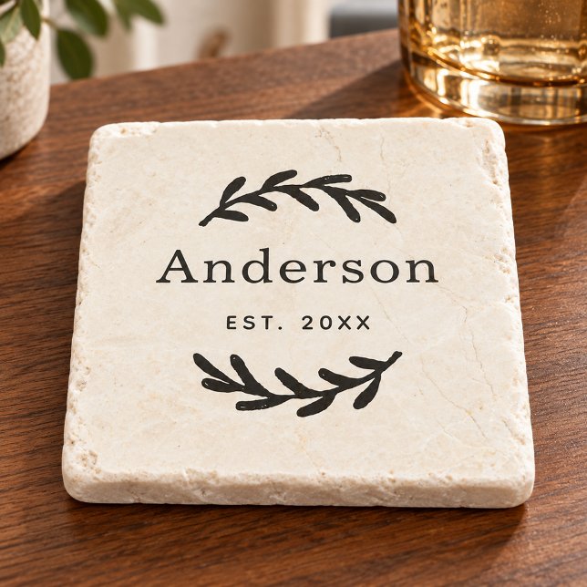 Classic Laurel Wreath Monogram Est Date Stone Coaster (Creator Uploaded)