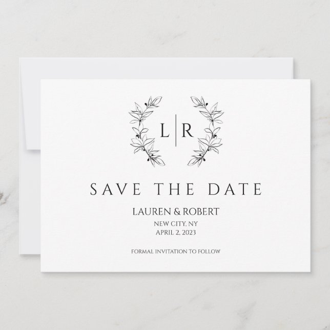Classic Laurel Wreath Monogram Save the Date  Invitation (Front)