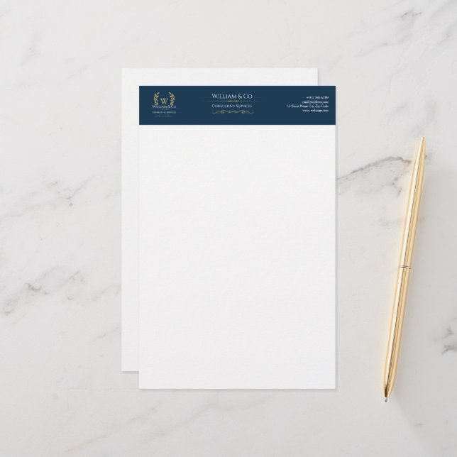 Classic Laurel Wreath Navy Blue Gold Monogram Stationery (Front/Back In Situ)