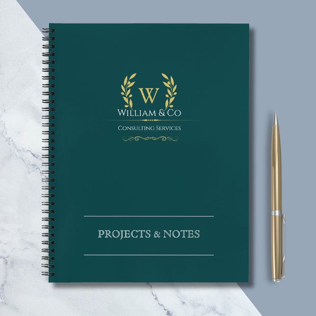 Classic Laurel Wreath Teal Gold Monogram Business Notebook (Creator Uploaded)