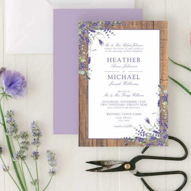 Classic Lavender Eucalyptus Wood Script Wedding Invitation (Creator Uploaded)