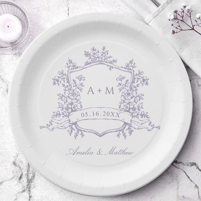 Classic Lavender Floral Crest Monogram Wedding Paper Plate (Creator Uploaded)