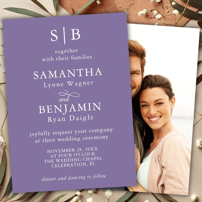 Classic Lavender Monogram Photo Wedding Invitation (Creator Uploaded)
