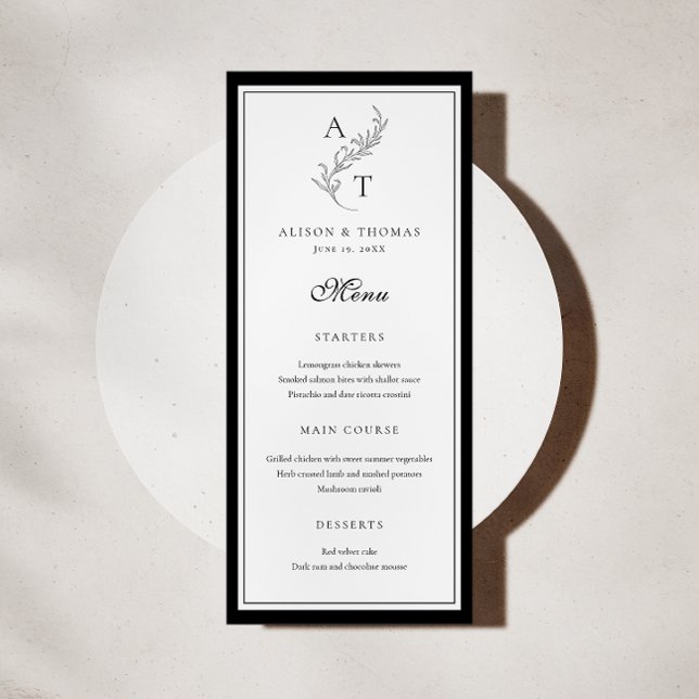 Classic Leaf Monogram Wedding Flat Menu Card (Creator Uploaded)