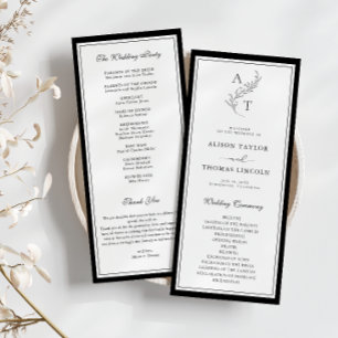 Classic Leaf Monogram Wedding Program Card