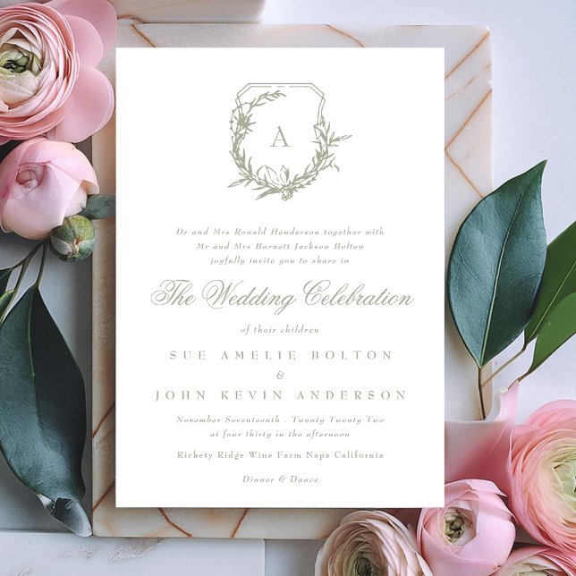 classic leafy crest wedding sage green monogram invitation (Creator Uploaded)