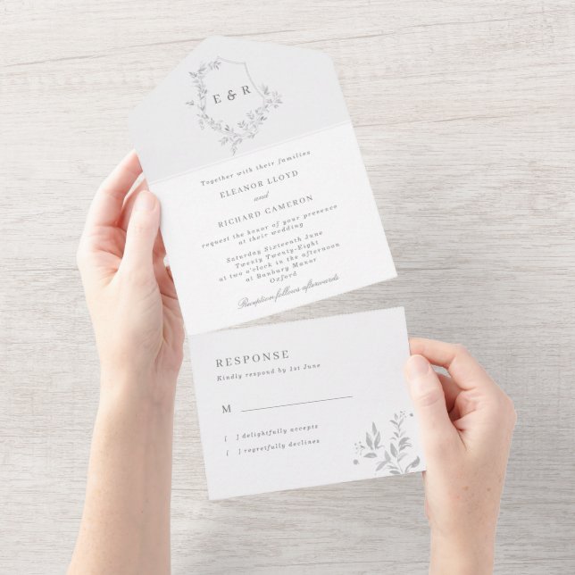 Classic Leafy Monogram Crest Wedding All In One Invitation (Tearaway)
