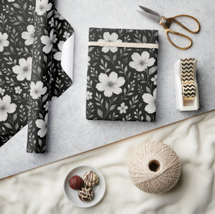 Classic Leaves Floral Art Pattern On Gray Black Wrapping Paper