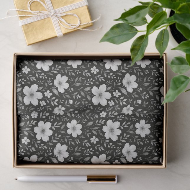 Classic Leaves Floral Art Pattern On Grey Black Tissue Paper (Gift)