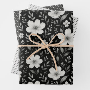 Classic Leaves Floral Art Pattern On Grey Black Wrapping Paper Sheet