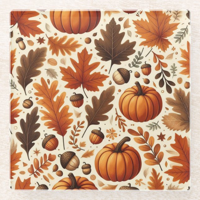 classic leaves/pumpkins/acorns Autumn  Glass Coaster (Front)