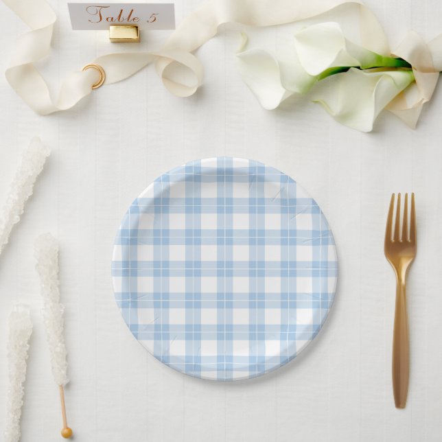 Classic Light Blue and White Plaid Pattern Paper Plate (Wedding)