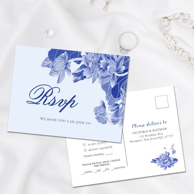 Classic Light Blue Chinoiserie Floral Wedding RSVP Postcard (Creator Uploaded)