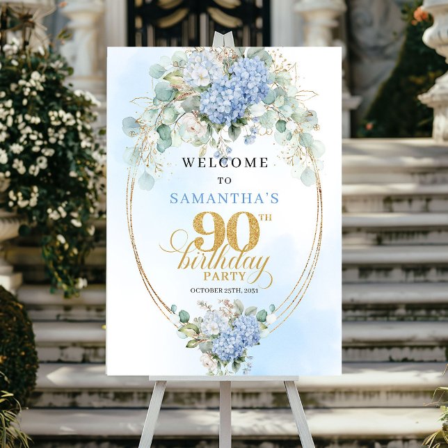 Classic Light Blue Eucalyptus 90 Birthday Welcome Poster (Classic Light Blue Eucalyptus 90th Birthday Welcome)