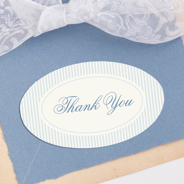 Classic Light Blue Stripes Thank You Wedding Oval Sticker (classic light blue stripes wedding thank you stickers with elegant script)