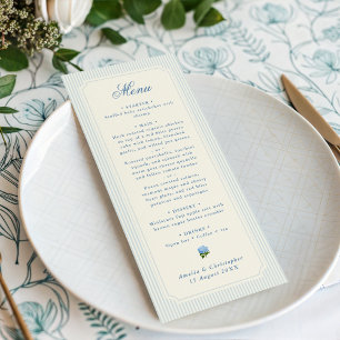 Classic Light Blue Stripes Tiny Hydrangea Wedding Menu