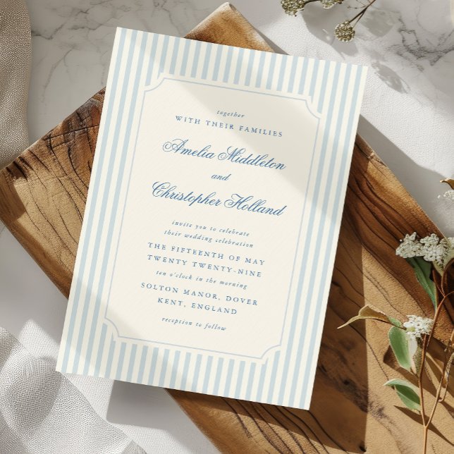 Classic Light Blue Stripes  Wedding Invitation (formal and elegant French blue stripes wedding invitation with timeless typography)