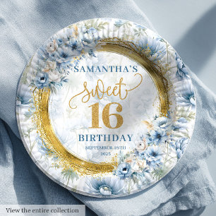 Classic Light Blue Sweet Sixteen Gold Glitter Paper Plate