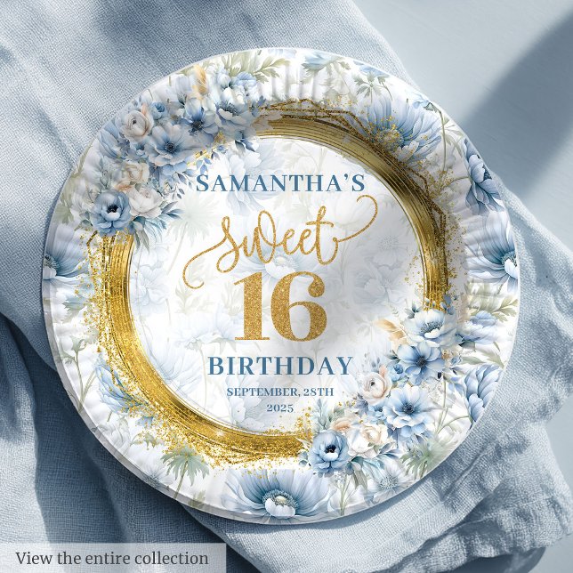 Classic Light Blue Sweet Sixteen Gold Glitter  Paper Plate (Classic Light Blue Sweet Sixteen Gold Glitter Paper Plates)