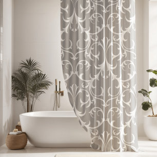 Classic Light Grey & White Damask Floral Shower Curtain