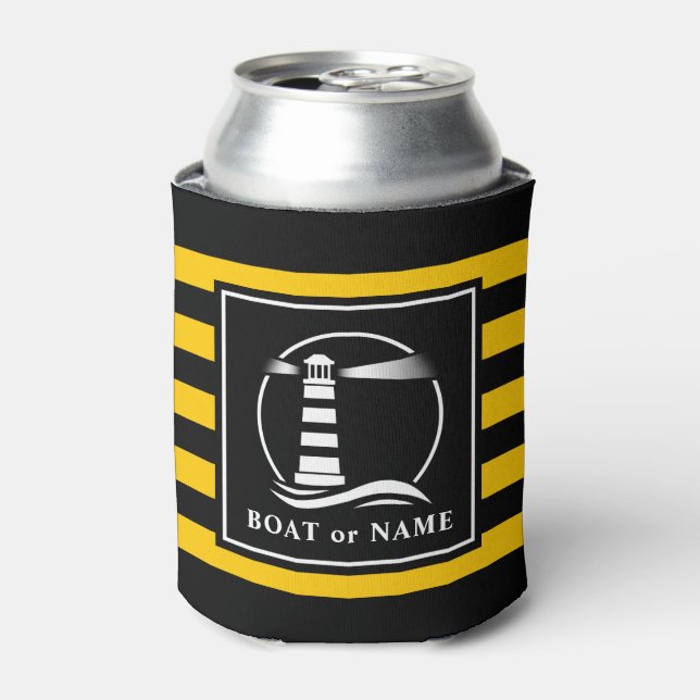 Classic Lighthouse Boat or Name Yellow Stripped Can Cooler (Can Front)