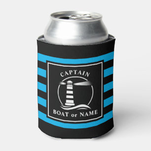 Classic Lighthouse Captain or Boat Name Blue Can Cooler