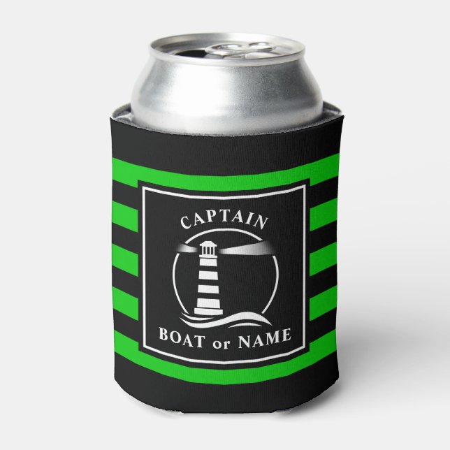 Classic Lighthouse Captain or Boat Name Green Can Cooler (Can Front)