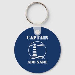 Classic Lighthouse Captain or Boat Name Navy Blue Key Ring