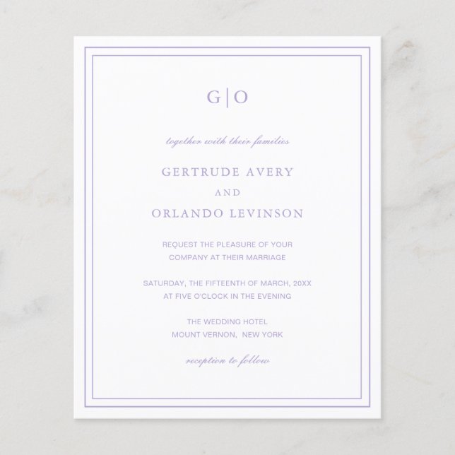 Classic Lilac Elegant Budget Wedding Invitation (Front)