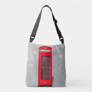 Classic London Red Phone Booth with Name Crossbody Bag