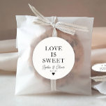 Classic LOVE IS SWEET Heart Wedding Names Favour Classic Round Sticker<br><div class="desc">A Classic Black Thank You Wedding Sticker featuring "Love is Sweet" in a classic modern elegant font. 
You can easily personalised it with your names and wedding date.</div>